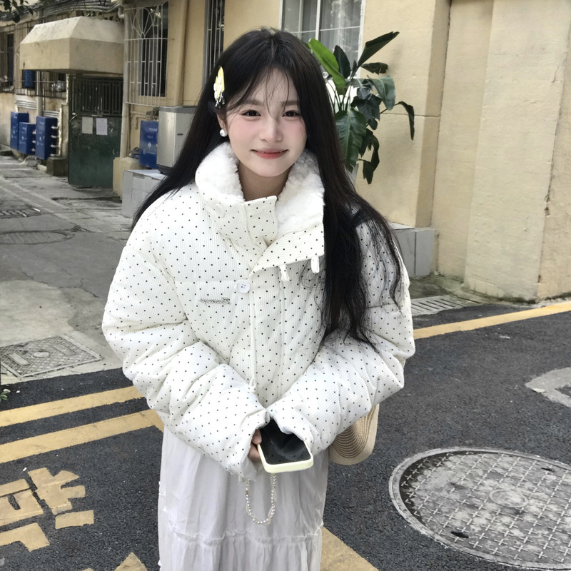 韩系甜美风波点毛领羽绒棉服外套女秋冬季宽松加厚保暖短款面包服|undefined