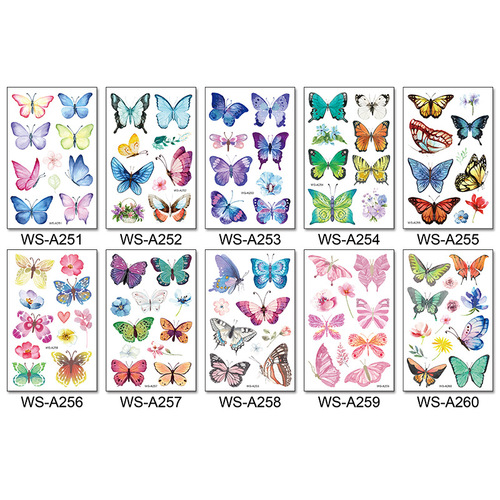 New Butterfly Tattoo Sticker Waterproof and Sweat Children's Cute Watercolor Cartoon Colorful Flower Butterfly Sticker Temporary Tattoo Sticker