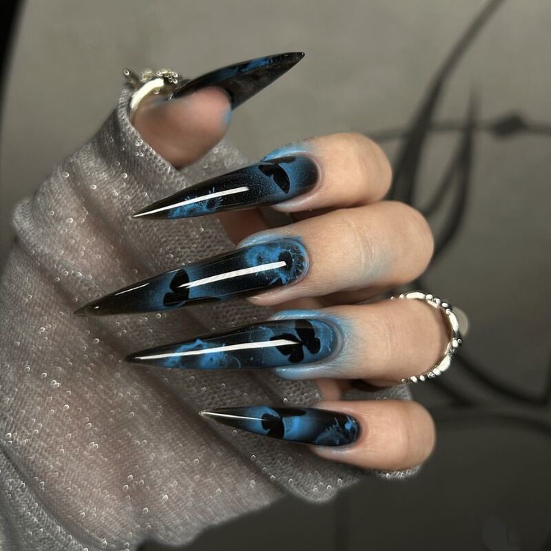 WM-199 Dark Blue Butterfly Wings False Nails Long Pointed Spice Girl Blue Snib Dye Butterfly 24 Pieces Wearing Armor Pieces Wholesale WM-199 Dark Blue Butterfly Wings False Nails Long Pointed Spice Girl Blue Snib Dye Butterfly 24 Pieces Wearing Armor Pieces Wholesale