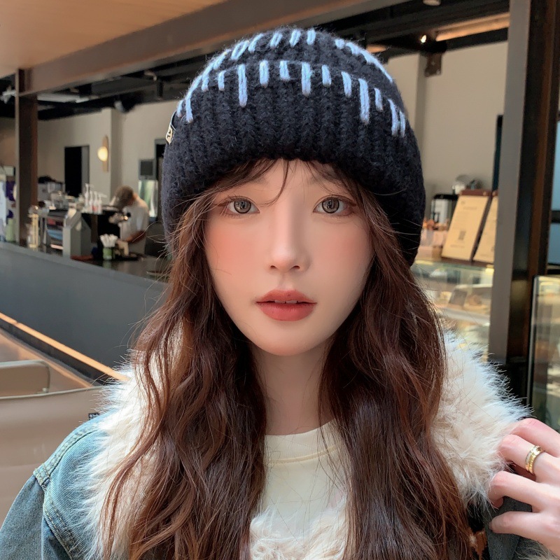한국 스타일 우아한 울 모자 유행 큰 머리 지팡이 얼굴 작은 방풍 귀 보호 니트 모자 일본 스타일 예술적 풀오버 모자