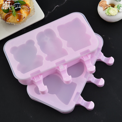 Creative silicone ice cream mold with lid 3-connected ice cream diy popsicle mold household ice tray summer making ice cream cartoon