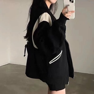 Velvet + Thin Outwear Loose Contrasting Color Student 2025 New Korean Style American Street Cardigan Women's Baseball Uniform