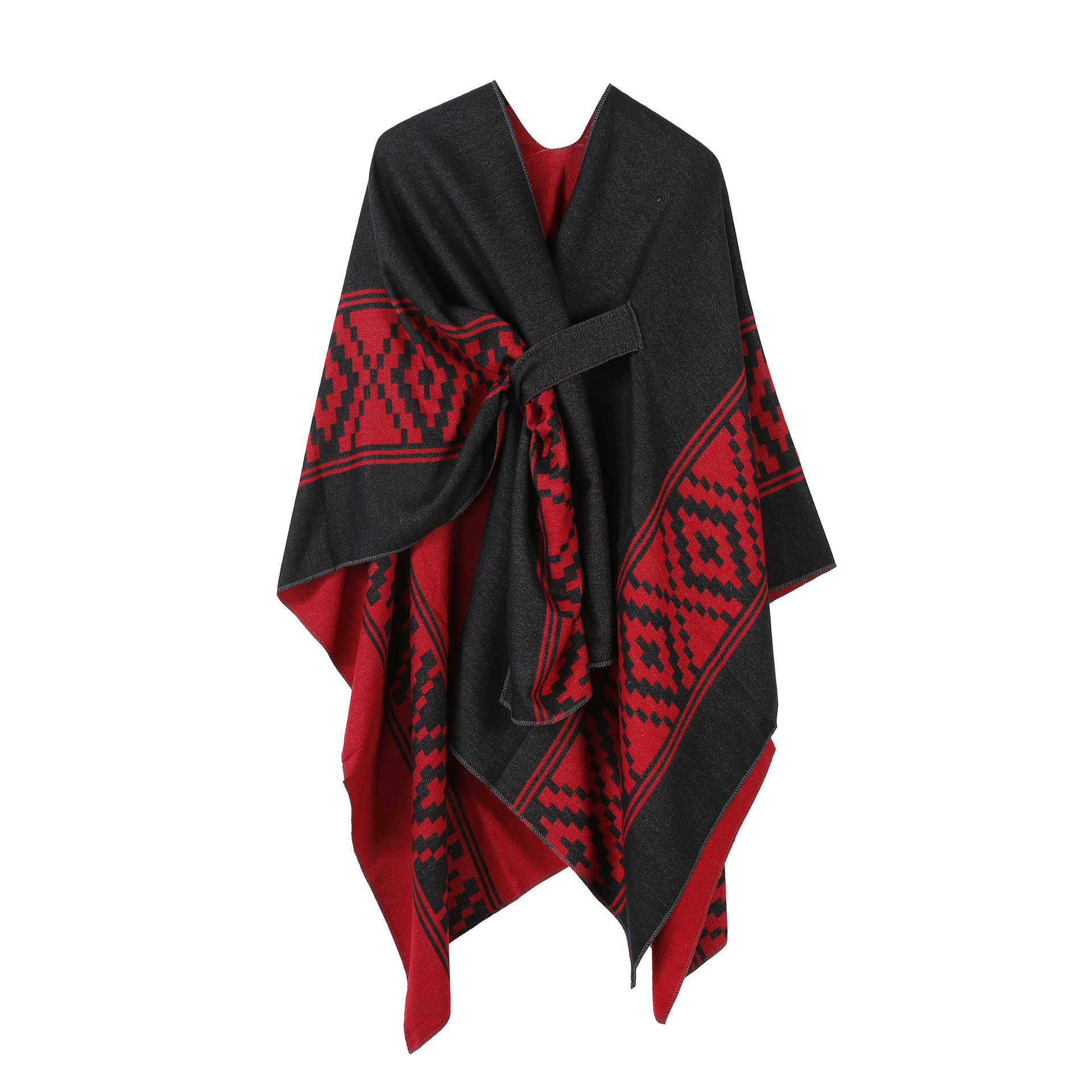 Chal de capa de doble cara lisa europea y americana con marco de puerta a rayas para mujer