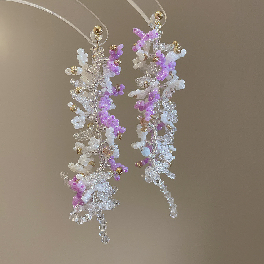 Pendientes de perlas de cristal de diamante de aguja de plata pendientes largos de lujo de Luz Retro europeo y americano pendientes dulces frescos de alto grado para mujeres