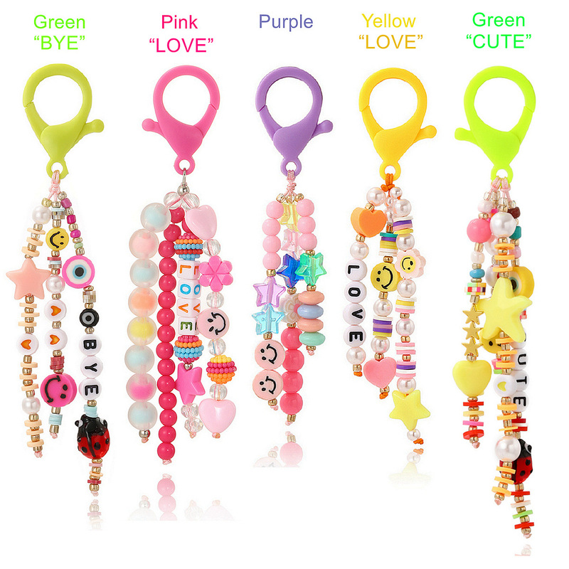 Cross-Border Keychain Pendant with Smiley Face, Love Letters, Heart Pendant, Tassel Beaded Keychain, Cute Bag Pendant