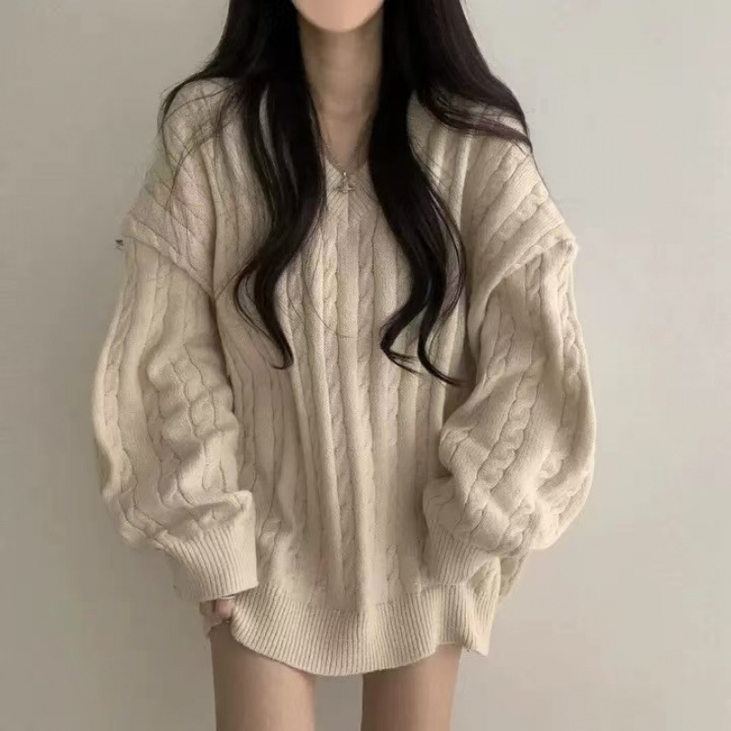 In-Stock Korean Chic Loose Lazy Autumn and Winter Sweater for Women with Cable Knit Design, Simple Thick Knit Top In-Stock Korean Chic Loose Lazy Autumn and Winter Sweater for Women with Cable Knit Design, Simple Thick Knit Top