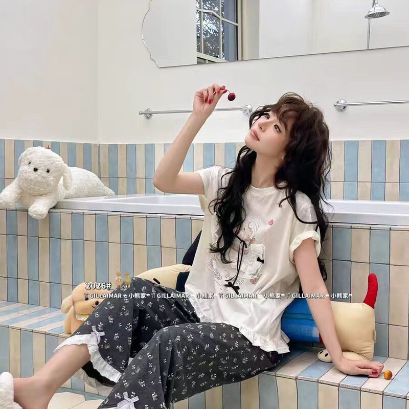 2026 New Model Spring and Summer New Cute Cartoon Sleeping Bear Short and Long Pajamas Women's Home Wear Set