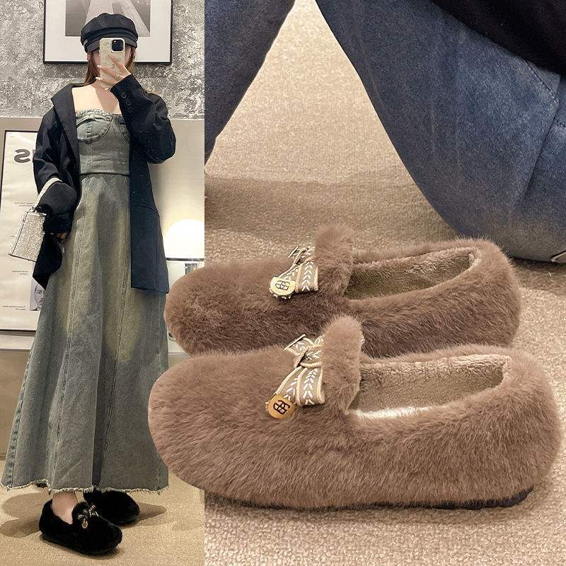 冬季新款毛毛加厚保暖一脚蹬蝴蝶结豆豆韩版时尚百搭学生鞋懒人鞋