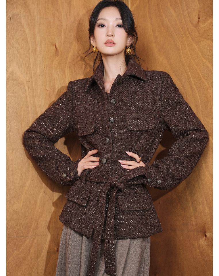 Áo khoác nữ dáng ngắn dạ tweed len có thắt lưng kiểu sơ mi chiết eo — Màu đỏ rượu Port chi tiết 10