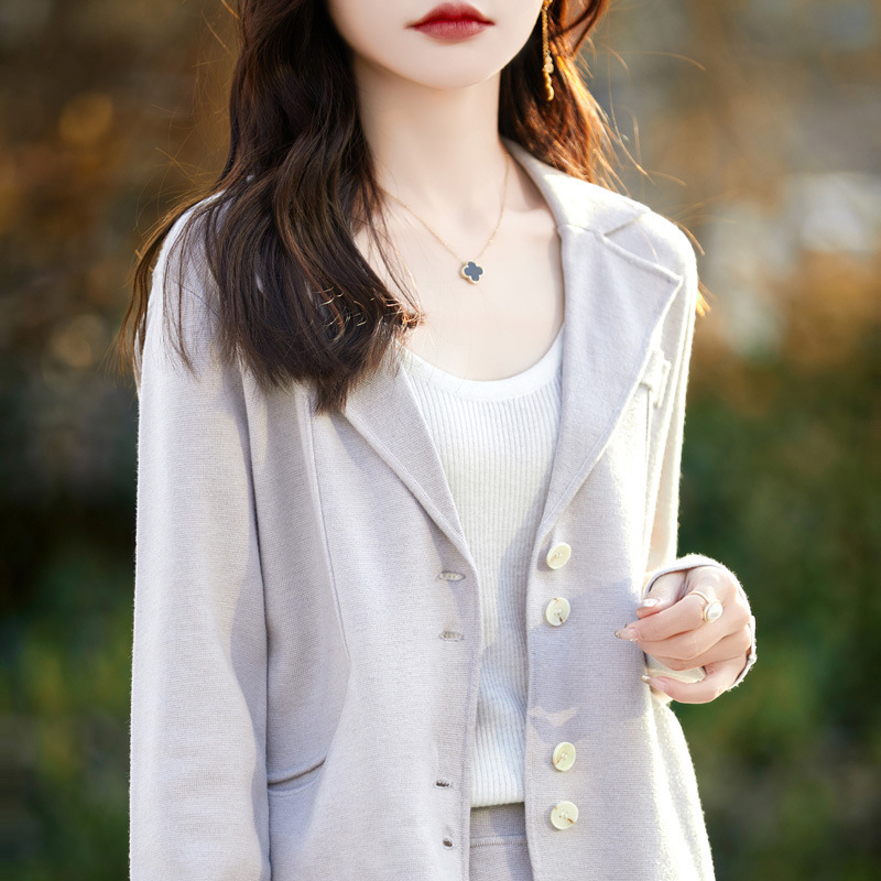 Fashion Suit Collar Solid Color Multi-button Worsted Wool Women's Knitted Cardigan Loose Casual Commuter Jacket