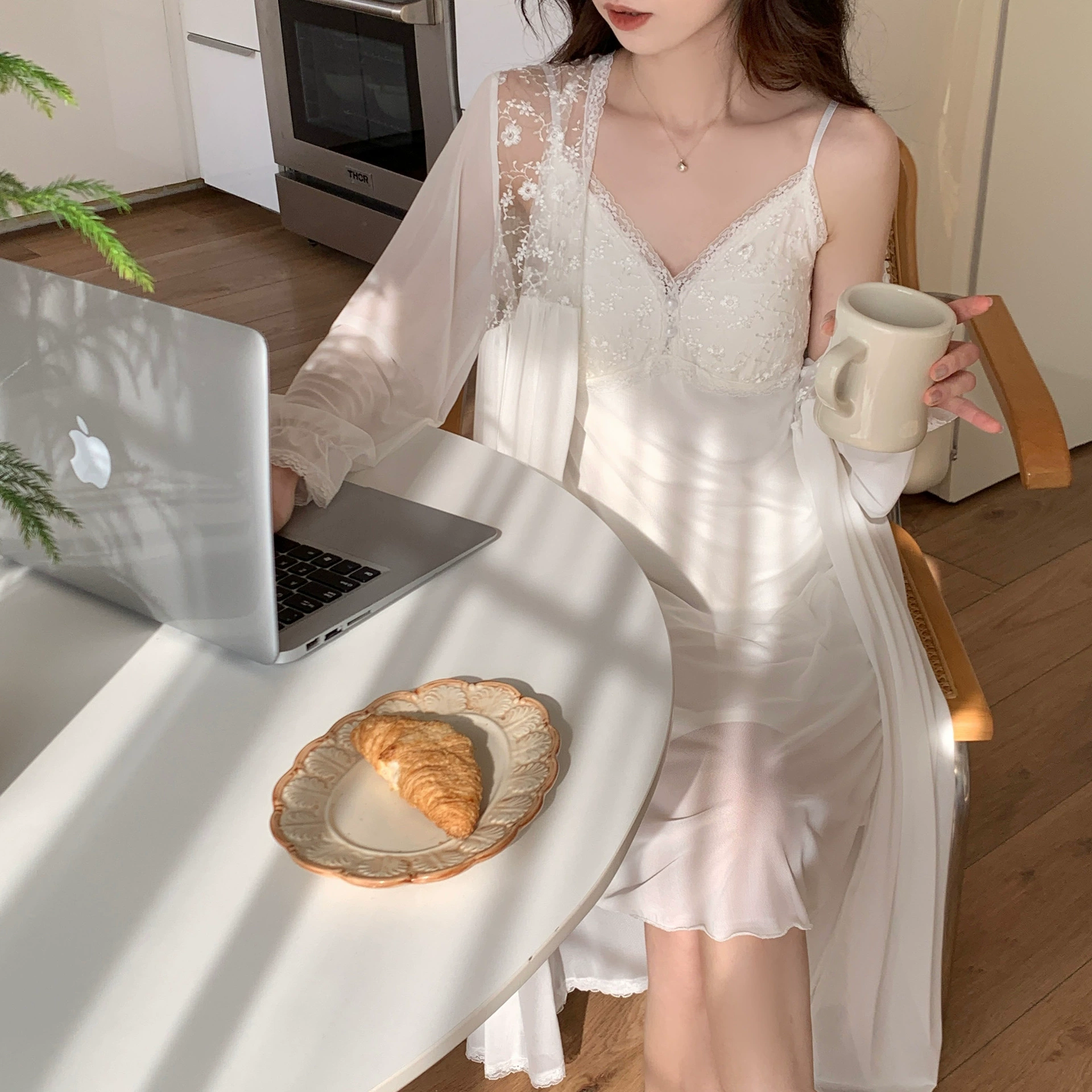 Милый пижамный комплект, халат, набор, сексуальное slipsdress, длинные рукава, французский стиль