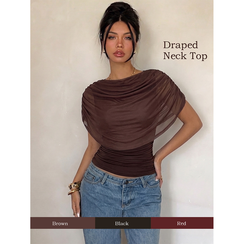 European and American cross-border women's clothing, off-shoulder mesh top, AliExpress summer pleated waist-cinching slim-fit shawl T-shirt European and American cross-border women's clothing, off-shoulder mesh top, AliExpress summer pleated waist-cinching slim-fit shawl T-shirt