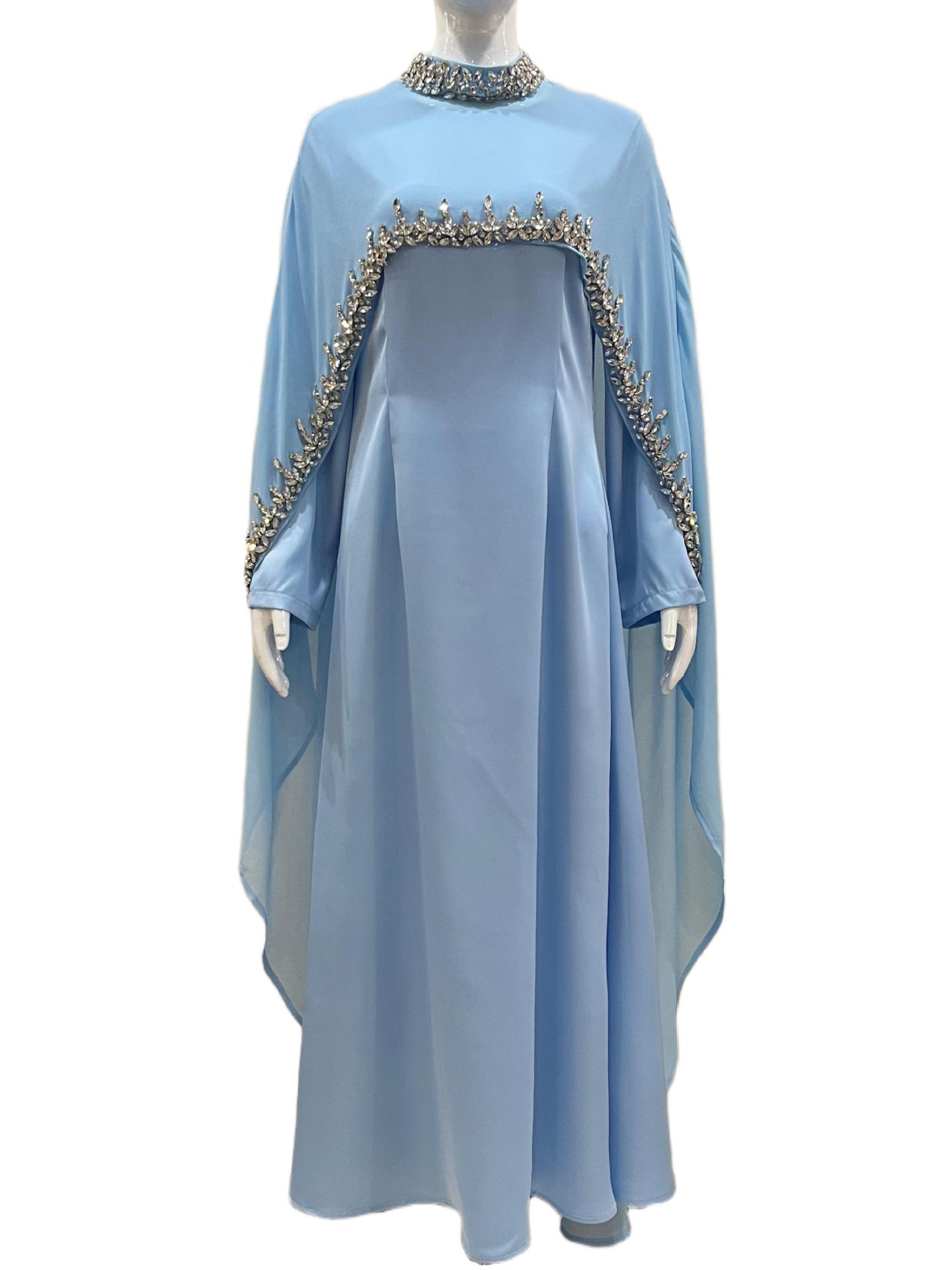 In-stock High-end Light Blue Diamond-embellished Cape Middle Eastern Dress Muslim Luxury Banquet Gown Arabian Robe_ecoleips.com