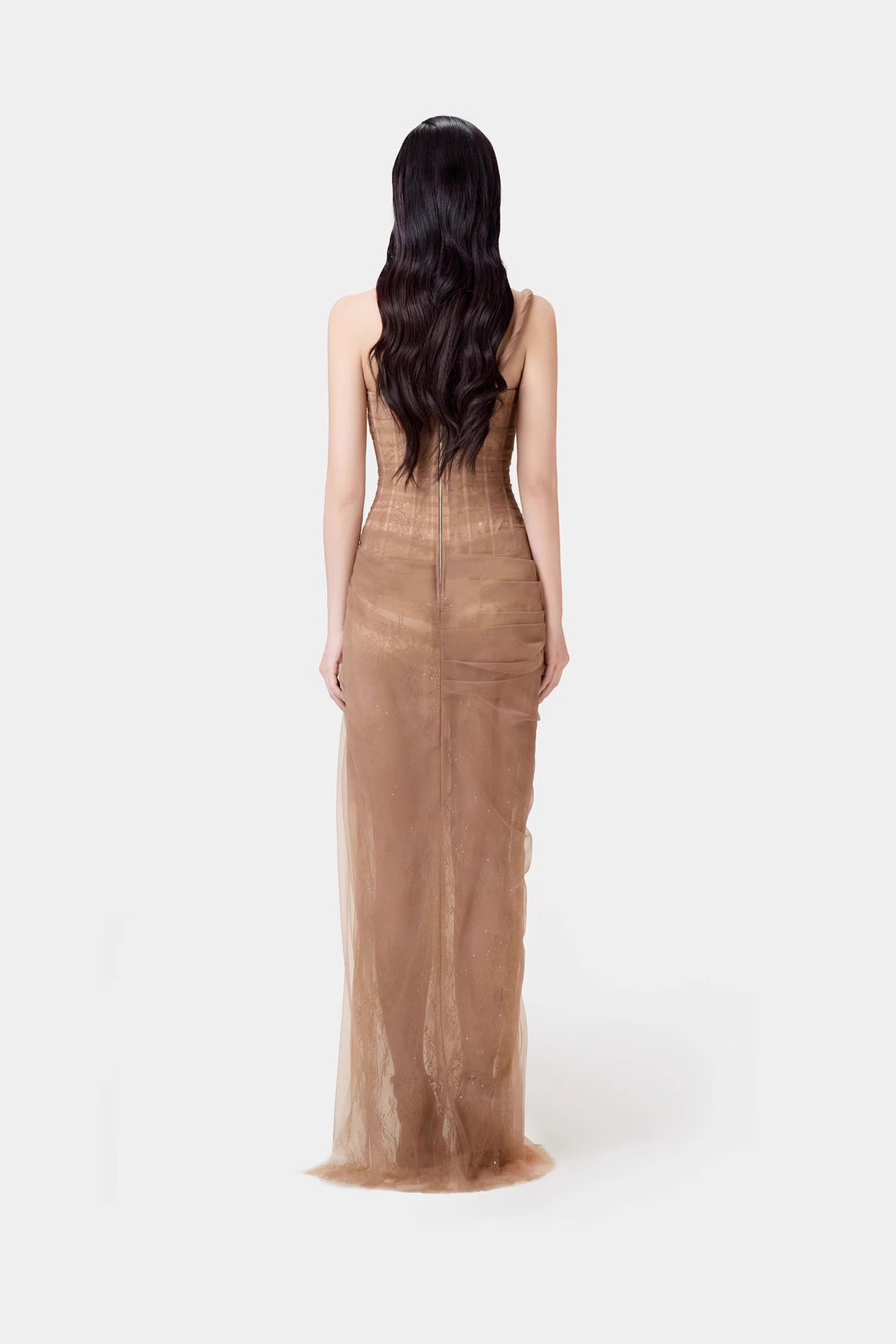 Robe bustier sophistiquée en dentelle corset avec maille transparente et taille haute – Robe midi trapèze élégante pour soirées et occasions spéciales_voghion.com