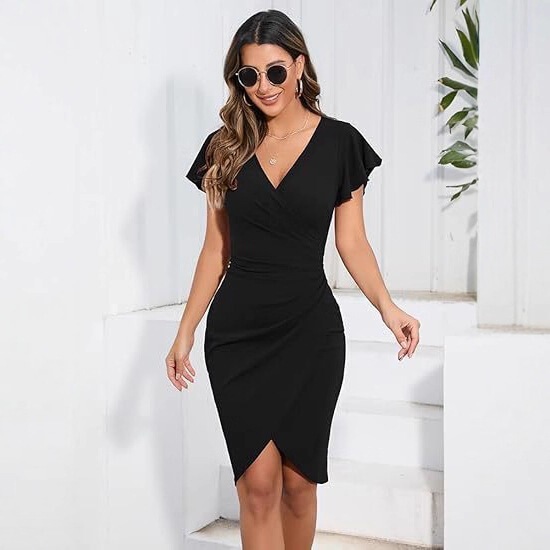 2026 Cross-Border Sexy V-Neck Ruffle Sleeve Wrap Dress Pleated Tight-Fitting Cocktail Party Work Dress for Women 2026 Cross-Border Sexy V-Neck Ruffle Sleeve Wrap Dress Pleated Tight-Fitting Cocktail Party Work Dress for Women