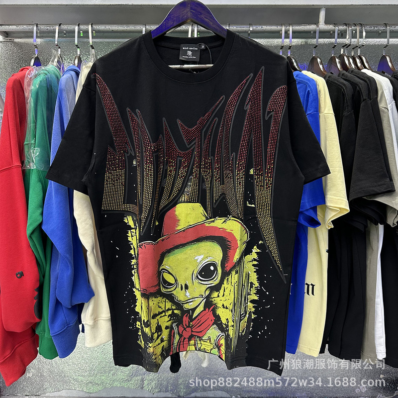MIXED EMOTION レトロホットダイヤモンドプリントロゴ美しいトレンディなラウンドネックルーズカジュアル半袖Tシャツ男性と女性用|undefined