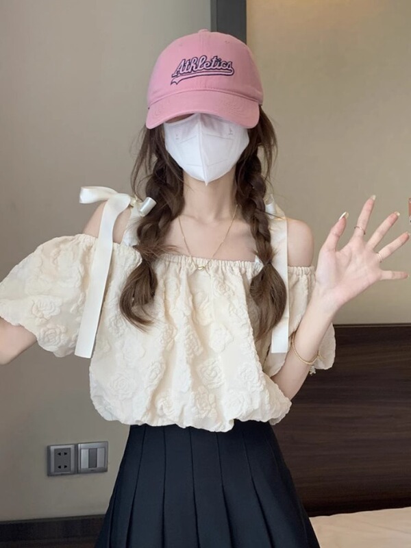 French Style off-shoulder Short-sleeved Shirt Women's Summer Design Niche Sweet Lace-up Short Puff Sleeve Top
