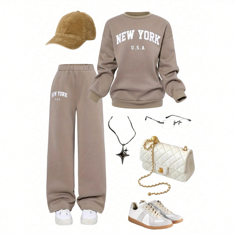 European and American Women's Large Size 2-Piece Casual Letter Printed Long-Sleeved Round Neck Sweatshirt and Sweatpants Sweatshirt Suit European and American Women's Large Size 2-Piece Casual Letter Printed Long-Sleeved Round Neck Sweatshirt and Sweatpants Sweatshirt Suit