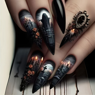 24 Pieces of Halloween Long Almond-Shaped Tomb Shadow Candle Souls Suitable for Women to Wear Nails and Removable Manicure
