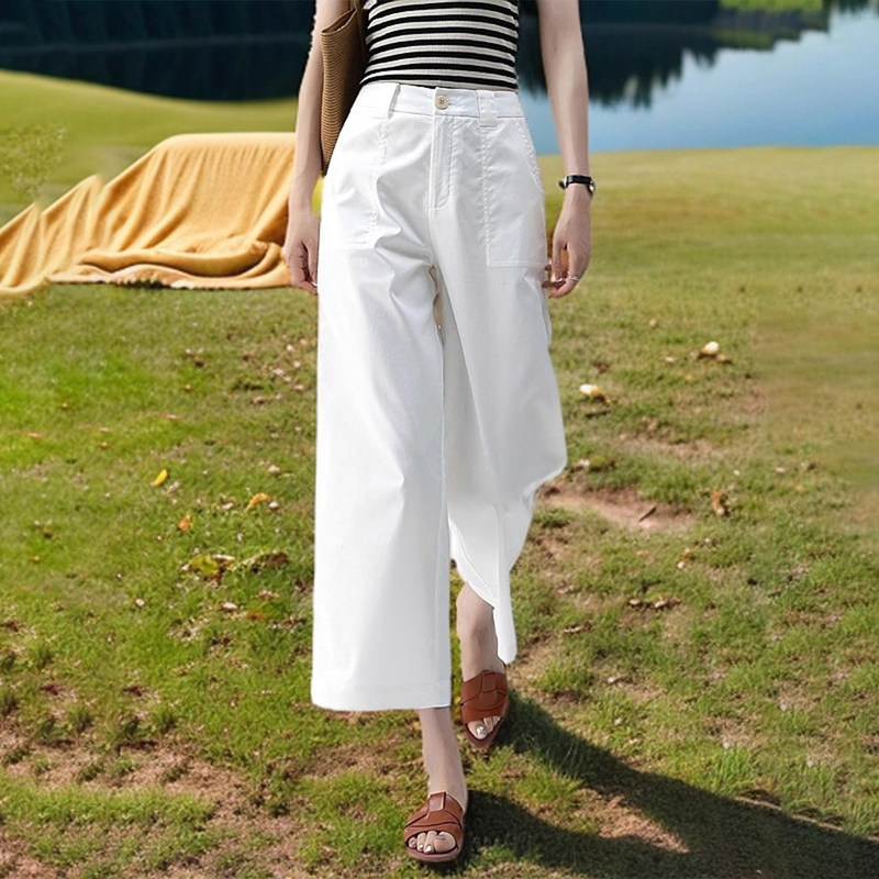 White Cropped Wide-Leg Suit Pants for Women, Summer Thin Style, 2026 New High-Waisted Slim-Fit Narrow Straight-Leg Ice Silk Pants