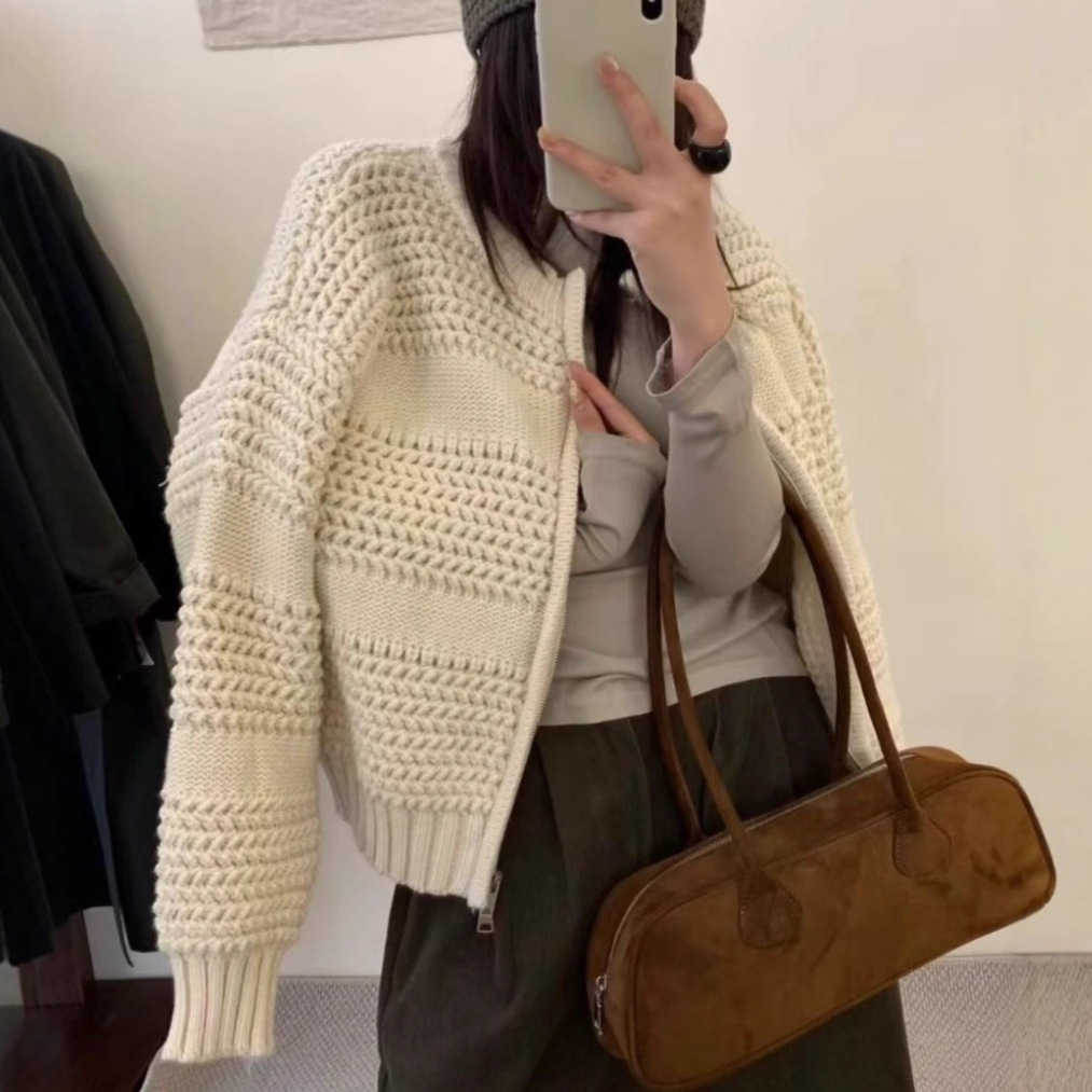 韩系粗线菠萝针圆领毛衣外套女秋冬新款宽松百搭针织开衫上衣女08