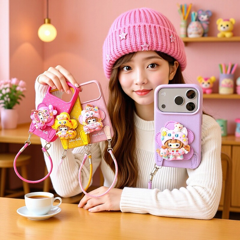 Suitable for Iphone17Pro Mobile Phone Case, Apple 16Plus Leather Pattern Little Girl Airbag Holder Anti-Fall Protective Cover