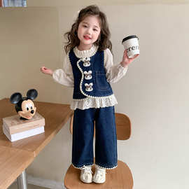 女童秋装套装2025新款洋气小兔子儿童牛仔马甲女小童春秋款三件套