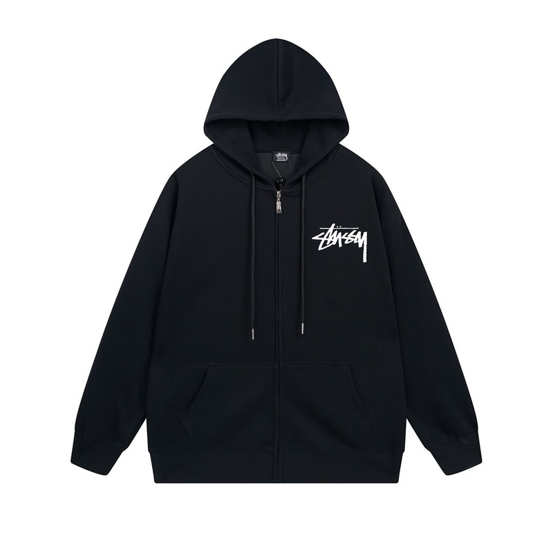 ヨーロッパとアメリカの Stussy スチューシー レタープリント ブラック 8 ジッパー プラス ベルベット フード付き秋冬スウェットシャツ メンズ レディース ジャケット|undefined