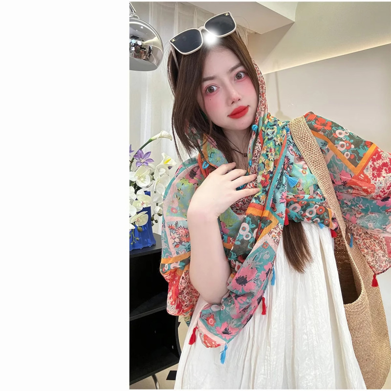 エスニックスタイル [Tyrande] サマーショール レトロバックル 日焼け止め コットンとリネンのショール カバーアップ 万能ビーチタオル|undefined