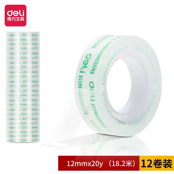 Deli 30014 stationery tape high permeability easy to tear students 1.2cm * 20Y transparent small tape tape 12 rolls/tube