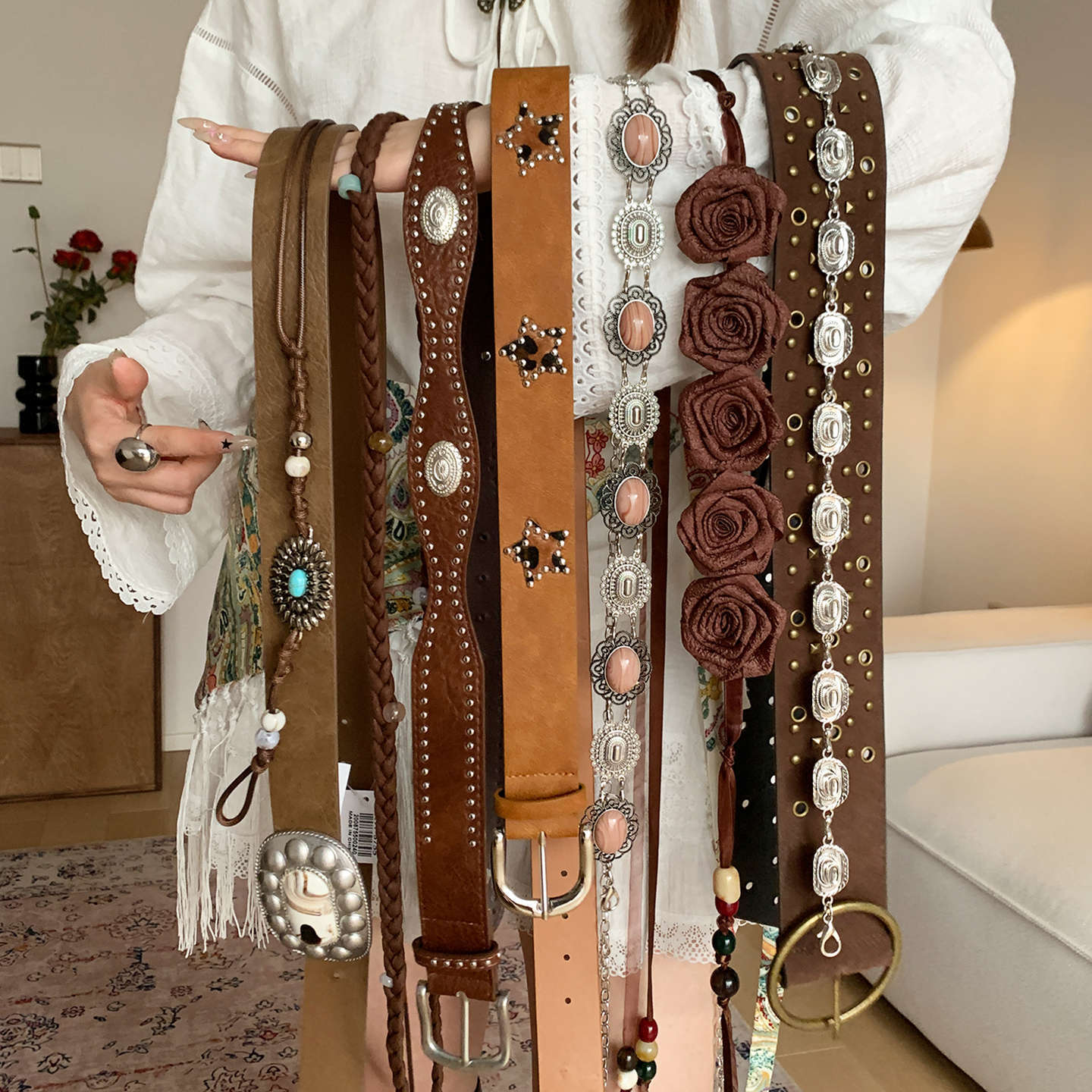 Vintage Bohemian Brown Belt Women's Niche Rivets Ethnic Style Belt With Skirt Jeans Waist Seal Tide_voghion.com
