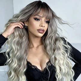 亚马逊外贸欧美风灰色渐变水波纹卷发玫瑰网假发女Ombre Hair Wig
