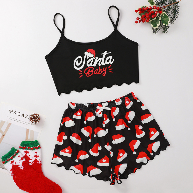クリスマスの欧米風の新しい薄いパジャマの女性の袖なしの半ズボンの牛乳の糸のシンプルなカジュアルな2つのセットの部屋の服|undefined
