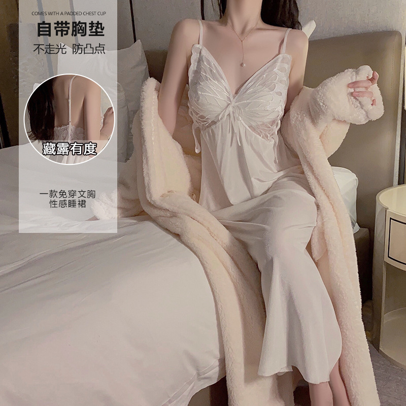 Ruoruo velvet lace sweet butterfly with chest pad deep V temptation long nightdress outer robe home wear suit P4046