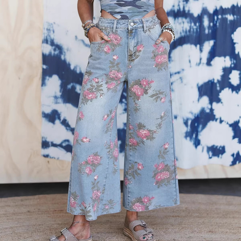 Trendy New High-Waisted Button-Up Jeans for Women, European and American Fashion Retro Floral Print Loose Straight-Leg Pants for Women