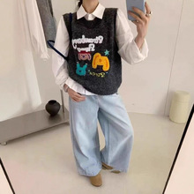 灰色卡通提花软糯毛衣女秋冬新款设计感高级针织背心坎肩马甲叠穿