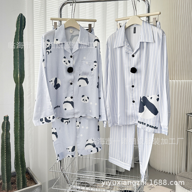 秋季新款情侣熊猫仿真丝睡衣女 超薄Polo领可外穿女士家居服套装