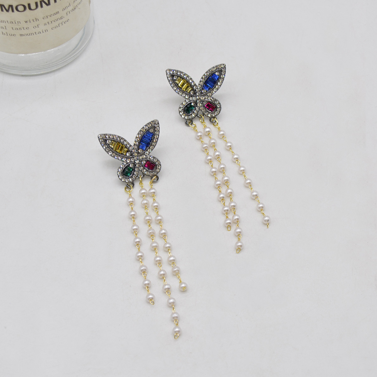 Fashion Diamond Butterfly Long Tassel Pearl Alloy Drop Earrings display picture 1