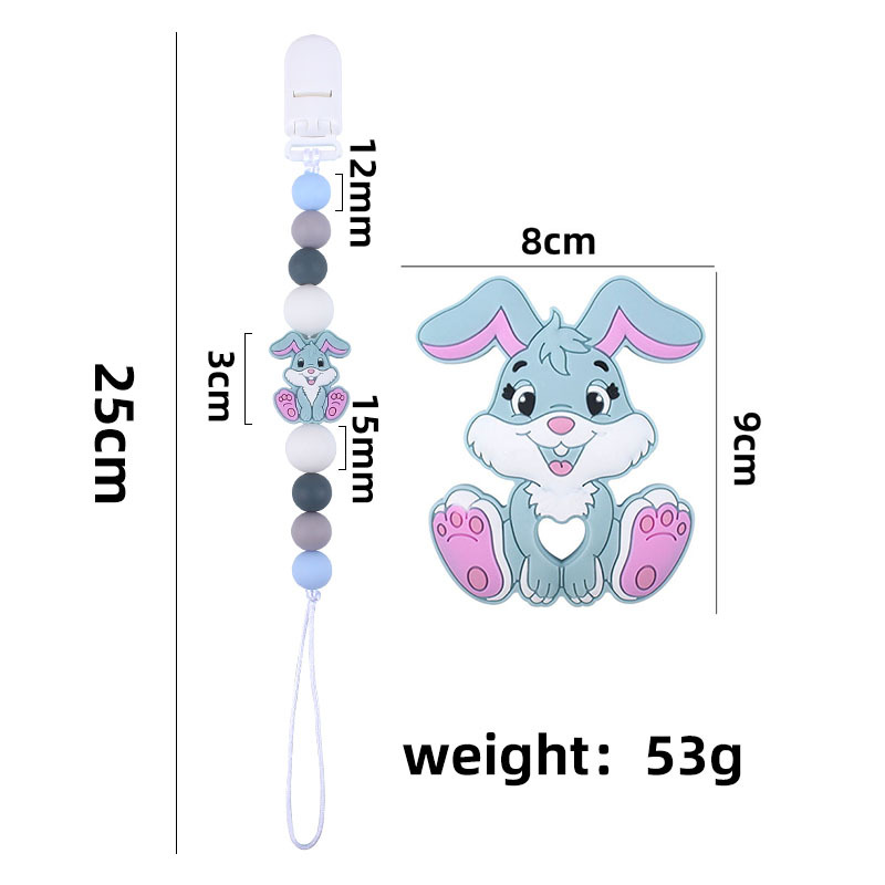 Amazon nuevo bebé suministros de dibujos animados conejo de silicona juguete mordedor pezón anti-gota cadena molar traje