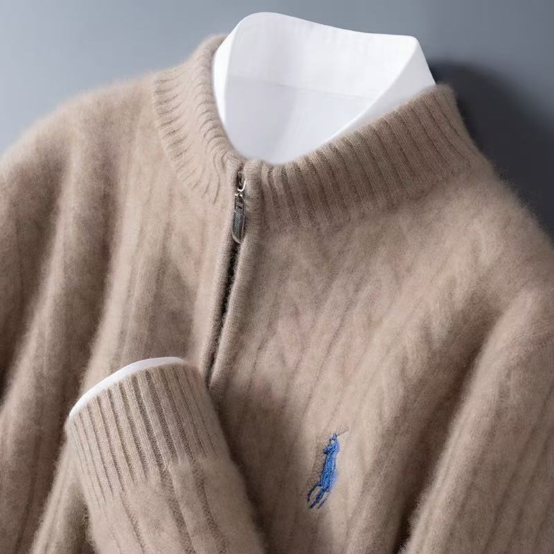 100% Pure Wool Sweater Men's Half Turtleneck Autumn and Winter Zipper Thickeneded Twist Pullover Cashmere Knitted Bottoming Sweater