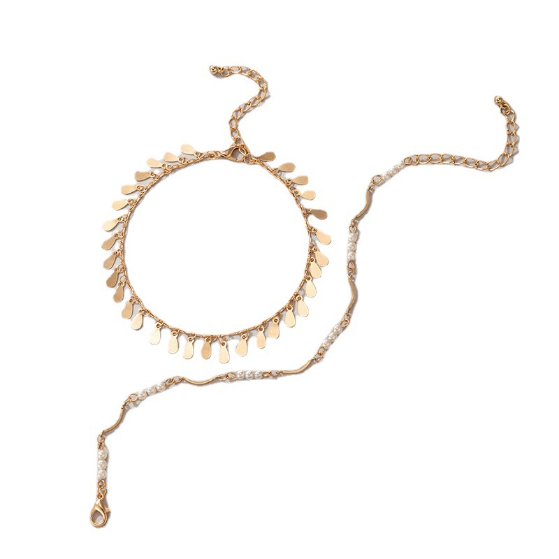 Ankle bracelet from pearl, metal golden water, chain, set, new collection, simple and elegant design