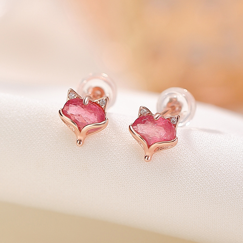 Bông tai bạc S925 mạ vàng hồng đính tourmaline hình cáo phong cách cá tính — Một cặp (màu tourmaline ngẫu nhiên)
