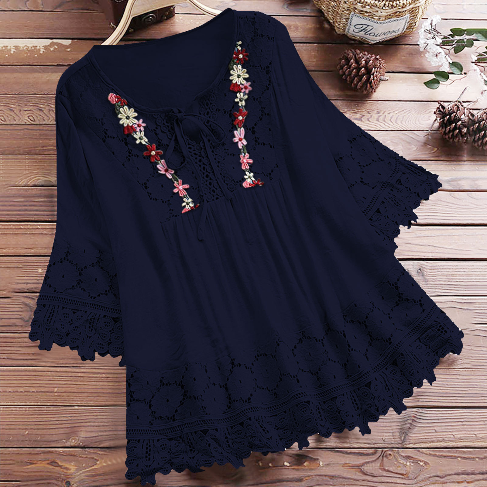 Elegante Damenbluse Mit V-ausschnitt Aus Baumwoll-leinen-mix_voghion.com