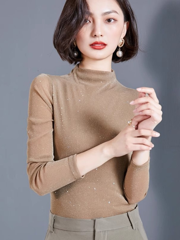 秋款欧货时尚洋气网纱打底衫女长袖薄款纱衣亮丝小衫修身显瘦上衣|undefined