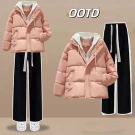 冬季爆款女学生韩系棉服假两件外套+加绒加厚阔腿裤洋气两件套潮