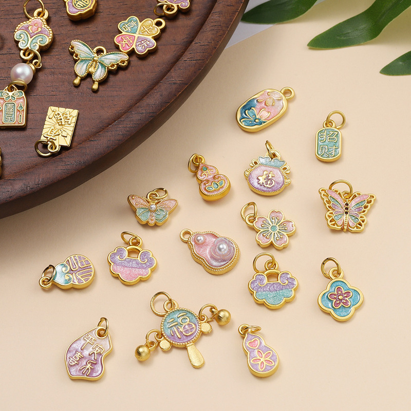 Ancient Gold-Plated Chinese-Style Pendant Alloy Enamel Jewelry Pendant Bracelet Necklace Accessory Handmade DIY