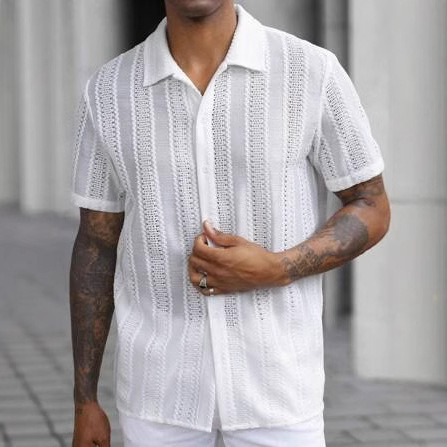 Cross Border Men's Elegant Lace Translucent Short Sleeve Shirt Casual Holiday Beach Top