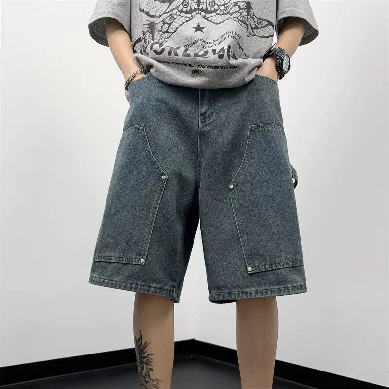 Джинсовые шорты-карго, мужские летние тонкие модные брендовые свободные прямые брюки с пятью точками, повседневные брюки в американском стиле ретро