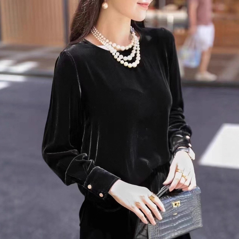 真丝丝绒上衣女秋季新款时髦百搭宽松休闲套头圆领长袖桑蚕丝衬衫|undefined
