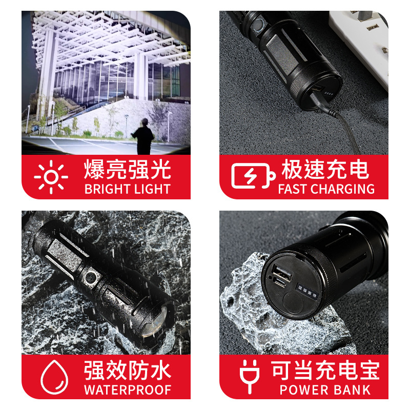 Jiangfenfa linterna de luz fuerte, linterna láser de zoom de largo alcance al aire libre, recargable, ultra brillante